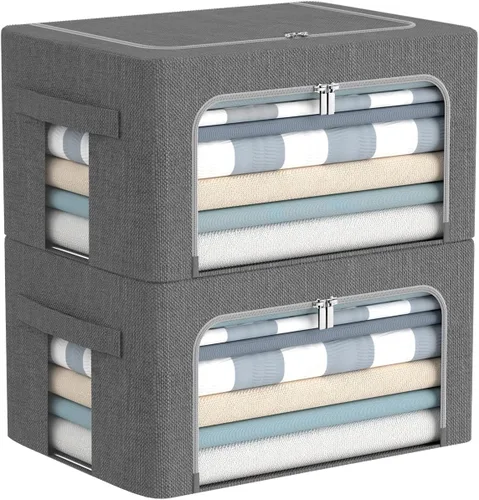 Miniatura 16 de CYhom Caja de almacenamiento de ropa, juego organizador plegable de tela de lino con ventana transparente, asas de transporte y marco de metal, 2