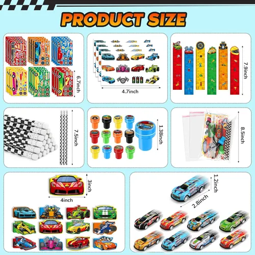 Miniatura 3 de BenLouis 96 piezas de recuerdos de fiesta de autos de carreras con tema de carreras, juego de papelería escolar a granel para niños, ruedas