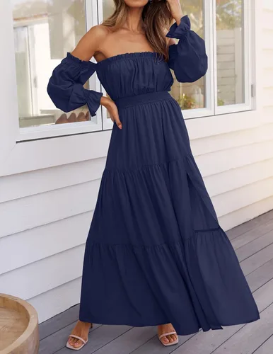 Miniatura 12 de ZESICA - Vestido largo, bohemio y sexy, con hombros descubiertos y manga larga fruncida, con elástico fruncido, cintura alta y abertura lateral