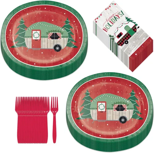 Miniatura 9 de Suministros para fiestas navideñas - Platos de postre de papel, servilletas para bebidas y tenedores de aldea navideña de invierno (para 16 personas)