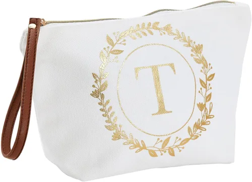 Miniatura 10 de Bolsa de maquillaje personalizada con inicial dorada para mujer, bolsa de cosméticos de lona con monograma, color blanco, Blanco, Dorado, B