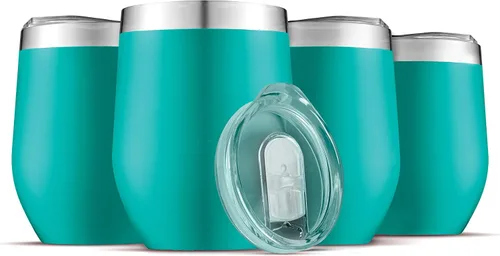 FineDine Vaso de vino con triple aislamiento con tapa (paquete de 4) juego de vidrio de acero inoxidable de 12 onzas, mantiene las bebidas calientes