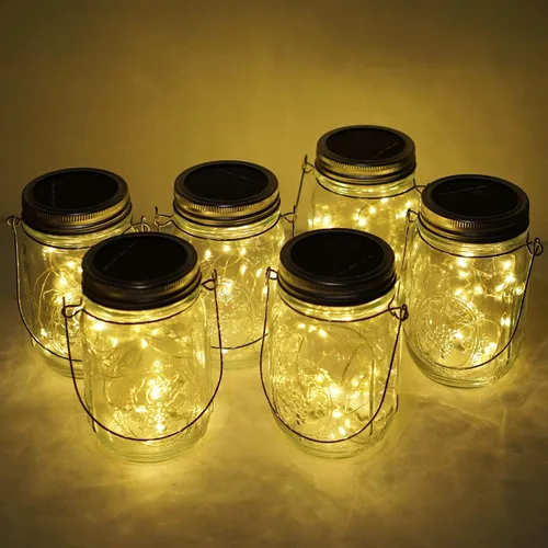 Miniatura 5 de Luces solares para tarro de masón, paquete de 6 tiras de 10 luces LED con tapa de tarro con 6 ganchos (sin tarros), luz de luciérnaga impermeable