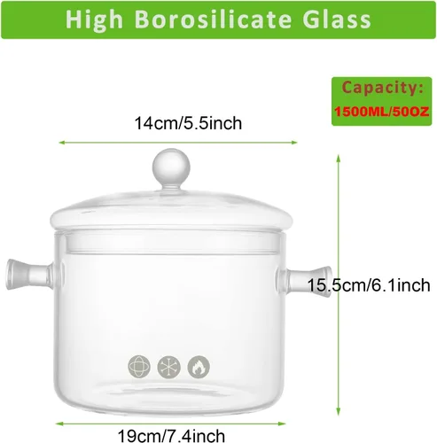 Miniatura 2 de Olla de cocina de vidrio, 1.5L/50 onzas, resistente al calor, cacerola de vidrio de borosilicato con tapa, juego de utensilios de cocina para sopa