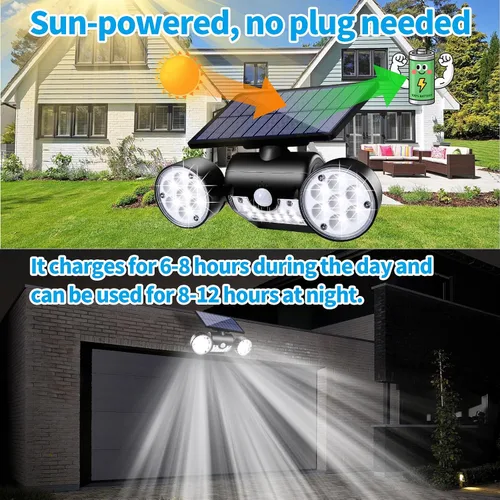 Miniatura 2 de Luces solares para exteriores, con sensor de movimiento, luces solares de pared con focos de doble cabeza, 30 LED, impermeables, 360°, luces