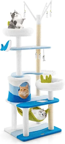 PETSITE Árbol para gatos con temática oceánica para gatos de interior, torre para gatos de varios niveles con postes rascadores de sisal natural,