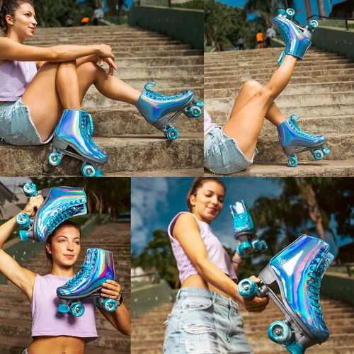 Miniatura 6 de JajaHoho Patines de ruedas para mujer, patines de cuero sintético holográfico azul Very Peri de caña alta, patines cuádruples brillantes de doble