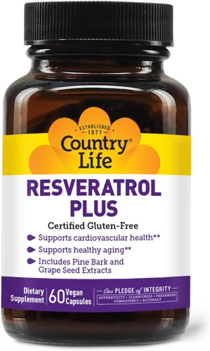 Country Life Resveratrol Plus 1000mg - Suplemento antioxidante orgánico con corteza de pino y extractos de semillas de uva, vegano, sin gluten, sin