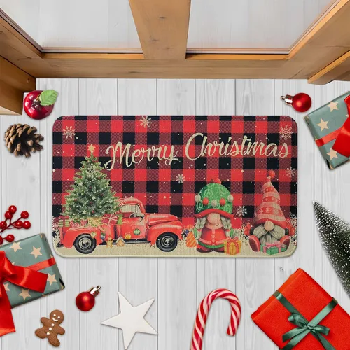 Felpudo Rojo de Búfalo a Cuadros Feliz Navidad Felpudo Decorativo de Puerta de Navidad 30"x17", Felpudo de Gnomo de Navidad Temporada Felpudo