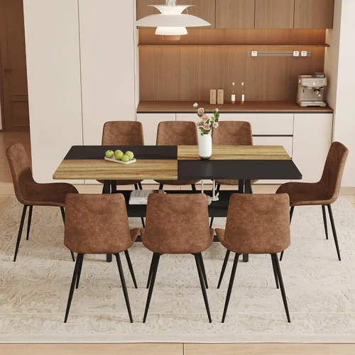 Miniatura 11 de Juego de mesa de comedor de 71 pulgadas para 6 personas con estante de almacenamiento, juego de mesa de comedor rectangular industrial moderna