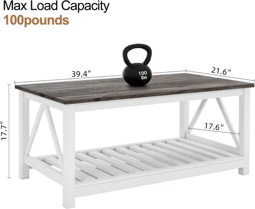 Miniatura 2 de Mesa de café de granja, mesa de café de roble blanco para sala de estar, mesa de centro rectangular de madera de 2 niveles con estante de listones