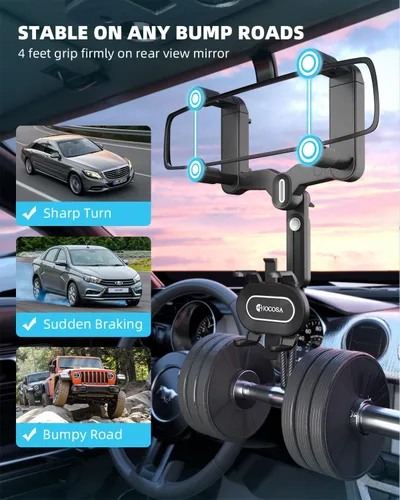 Miniatura 4 de Soporte para teléfono con espejo retrovisor, soporte para teléfono de automóvil mejorado de 4 garras, giratorio de 360° y retráctil, soporte