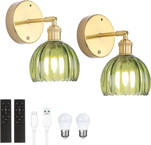 Miniatura 22 de Shenmoyl Aplique de Pared Vintage Operado por Batería con Linda Campana de Vidrio Tulipán Verde, Recargable Inalámbrica, Luz de Pared con Control