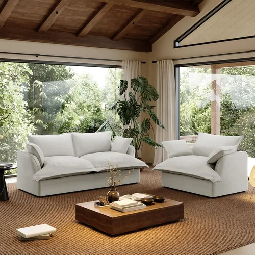 Miniatura 23 de Sofá modular de mezcla de lino para sala de estar, cómodo sofá modular con relleno de plumón, moderno sofá cama convertible con asiento profundo