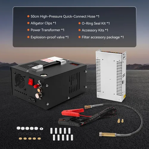 Miniatura 7 de Compresor de aire PCP de 350 W, 4500 Psi/30 Mpa, 12 V CC y 110 V CA, sin aceite/agua, válvula de seguridad de disco de ráfaga, ventilador