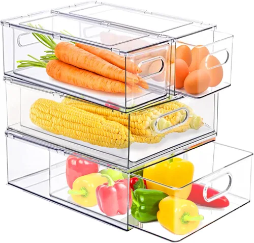 Miniatura 15 de Paquete de 2 organizadores de nevera y almacenamiento con cajón extraíble, cajones de almacenamiento apilables, organizadores de refrigerador