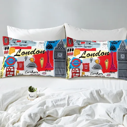 Miniatura 5 de Feelyou Juego de ropa de cama con temática londinense, funda de edredón para cabina telefónica retro roja para niños, paisaje histórico europeo