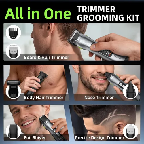 Miniatura 2 de Cortadora de barba para hombres, todo en uno, kit de aseo para hombres, cortadora de pelo inalámbrica con hoja de acero inoxidable, tiempo