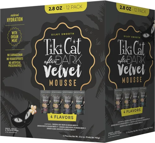 Tiki Cat After Dark, Mousse de Terciopelo, Paquete de Variedad, Fórmula Sin Granos y Sin Papas, con Alta Proteína y Carne de Órganos Mezclada Densa