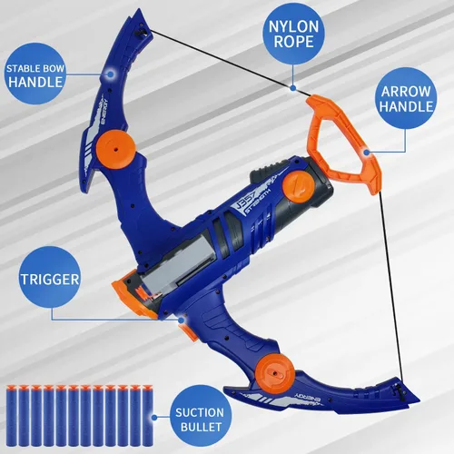Miniatura 5 de Arco y flecha de juguete para balas de pistola Nerf, juego de tiro con bala de espuma de 12 dardos con 36 dardos de espuma, 1 gafas y objetivo, Azul