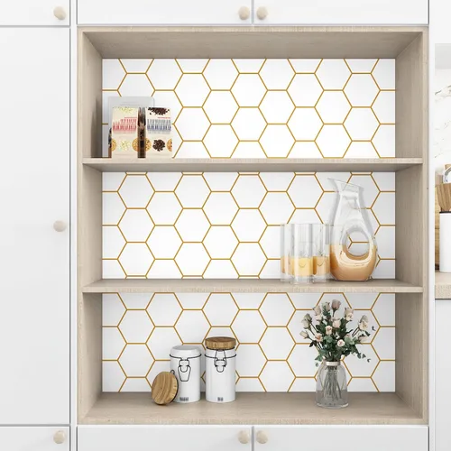 Miniatura 6 de Papel tapiz adhesivo dorado para despegar y pegar, papel tapiz hexagonal extraíble, geométrico, autoadhesivo, moderno, enrejado, de vinilo de 17.5 x