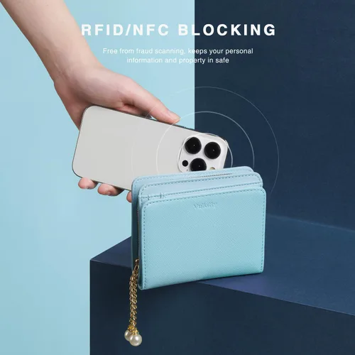 Miniatura 5 de Cartera para mujer con colgante de perlas RFID bloqueo tarjeta de crédito cartera de cuero premium, Celeste, Minimalista