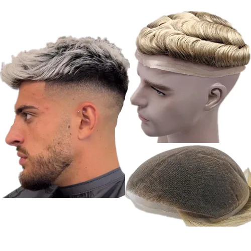 Miniatura 9 de N.L.W. Toupee de cabello humano para hombres, prótesis europea de piezas de cabello sistema de reemplazo para hombres con 10x8 HD súper fino encaje