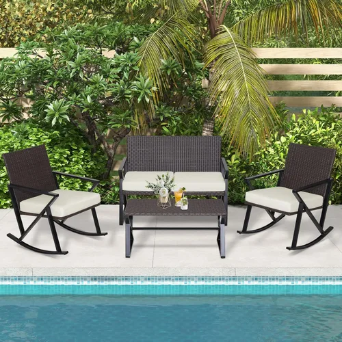 Miniatura 3 de Tangkula Patiojoy - Juego de muebles mecedores de patio de 4 piezas, sofá biplaza de mimbre de polietileno resistente con 2 sillas mecedoras y 1