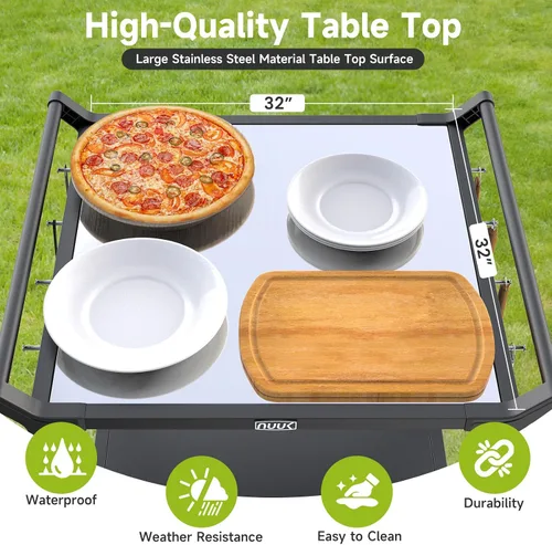 Miniatura 3 de NUUK Carrito de parrilla de 32" x 32" pulgadas, mesa de horno de pizza de acero inoxidable con doble estante rodante, isla de cocina, estación