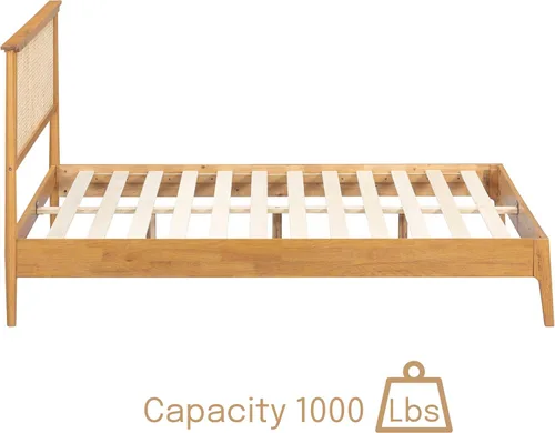 Miniatura 3 de NTC Marco de Cama de Madera Ruby con Cabecero y Ratán Natural, Base de Madera Sólida de Roble/Caucho con Listones Silenciosos, Capacidad de 1000