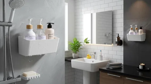 Miniatura 2 de Estante de baño, estante adhesivo para ducha, organizador de baño, sin taladro, cesta de ducha de plástico, estante de almacenamiento blanco
