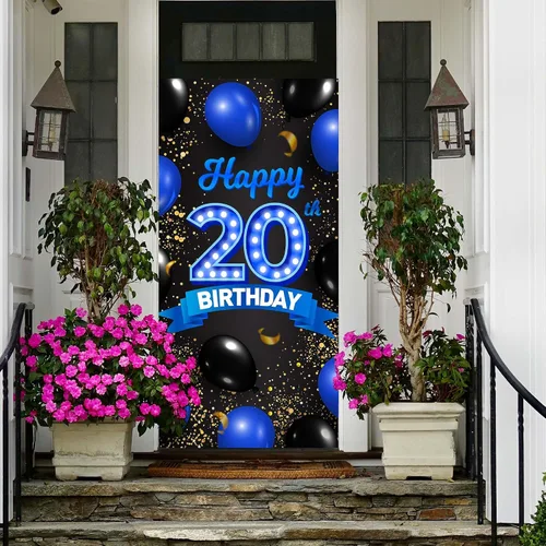 Miniatura 6 de Cartel de fondo azul y negro de feliz cumpleaños número 20, decoración temática de globos de confeti para niñas y mujeres de 20 años, decoraciones