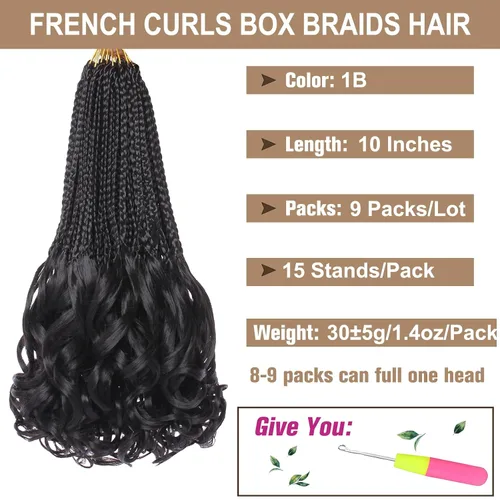 Miniatura 2 de COOKOO 10 pulgadas, 9 paquetes (135 hebras), trenzas de ganchillo rizadas francesas negras, trenzas de ganchillo negras con extremos ondulados