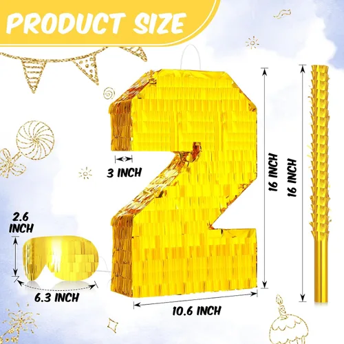 Miniatura 2 de Sratte Piñata - Decoraciones de fiesta de cumpleaños, piñata de lámina dorada con palo, confeti para niños y niñas, cumpleaños, aniversario