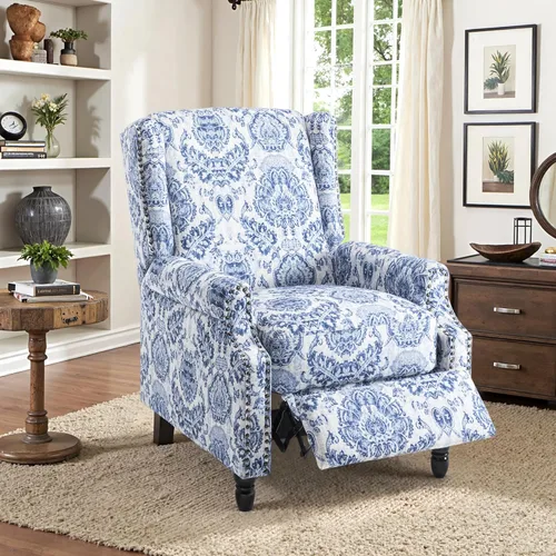 Miniatura 63 de Silla reclinable tapizada, sillón de ala floral con respaldo y reposapiés ajustables, cómoda silla decorativa para leer, sofá individual