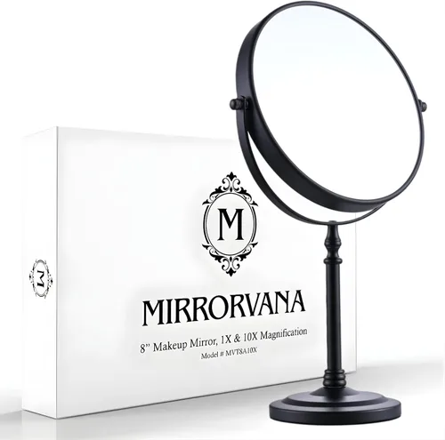 MIRRORVANA Espejo de maquillaje grande de doble cara 10X y 1X con soporte en caja de regalo, 15 pulgadas de alto y 8 pulgadas de ancho (negro)