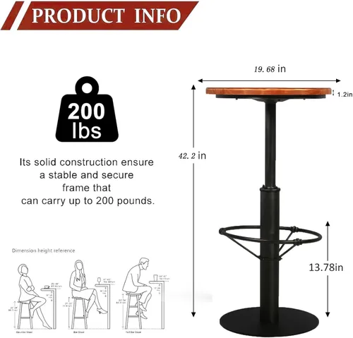Miniatura 3 de Mesa de bar industrial vintage de 42 pulgadas de alto, barra de metal redonda con parte superior de madera, mesa de pub para cocina, comedor, mesa