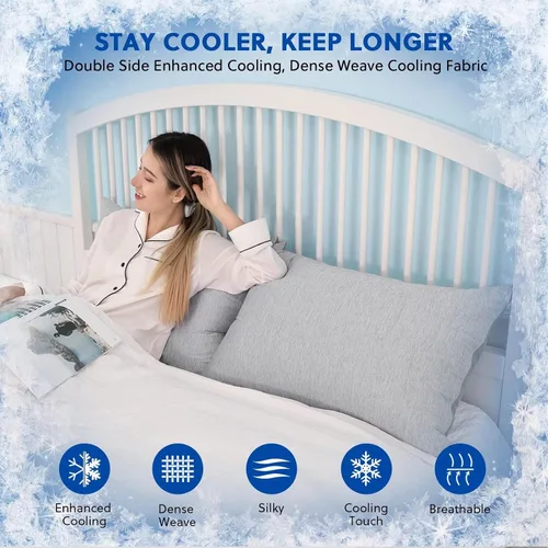 Miniatura 4 de HOMFINE Fundas de almohada refrescantes de tamaño estándar - Fibra de enfriamiento Q-Max 0.439 de doble cara para protector de almohada, funda