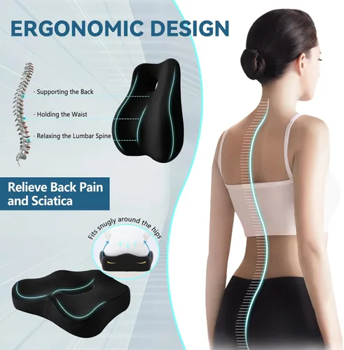 Miniatura 5 de Juego de cojín de asiento y almohada de apoyo lumbar para silla de oficina, almohada ergonómica para aliviar el dolor de ciática, almohada de apoyo