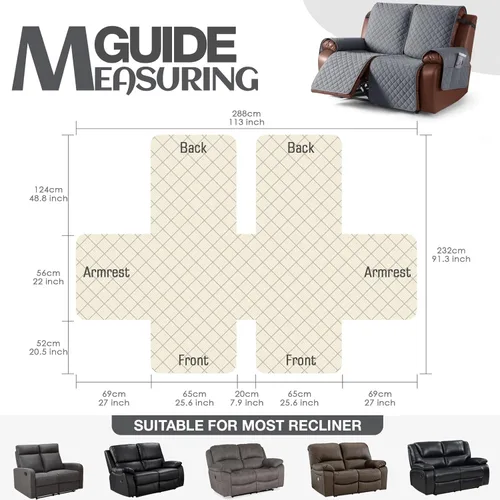 Miniatura 7 de KinCam Funda impermeable para sofá biplaza reclinable, fundas antideslizantes para sofá reclinable de 2 asientos, funda de sofá reclinable