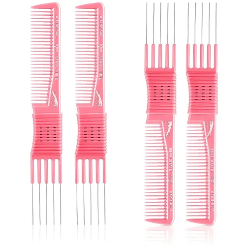 Miniatura 7 de Patelai 4 piezas de peine de carbono con punta de metal para levantar pelos y púas de peluquería con 5 pasadores de acero inoxidable para cabello