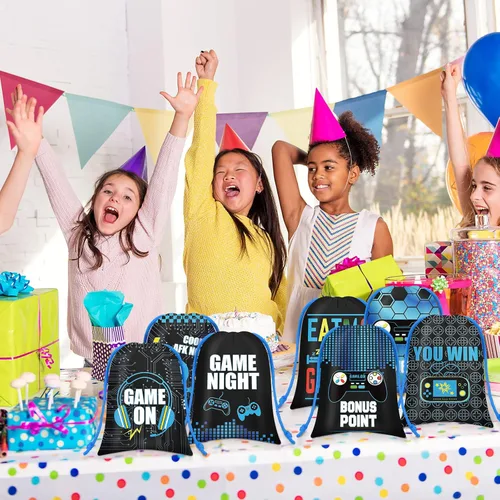 Miniatura 7 de Faccito 24 bolsas de videojuegos para juegos de fiesta de cumpleaños con cordón para decoración de fiesta de cumpleaños (azul)
