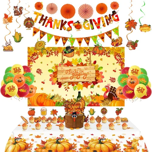 Decoraciones de fiesta temática de Acción de Gracias, pancarta de hoja de arce, mantel de telón de fondo de calabaza de pavo, abanicos de papel