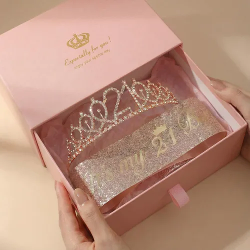 Miniatura 6 de Decoraciones de cumpleaños número 21 para ella: banda de oro rosa, corona, adorno de pastel, velas digitales, juego de globos, tarjeta de cumpleaños