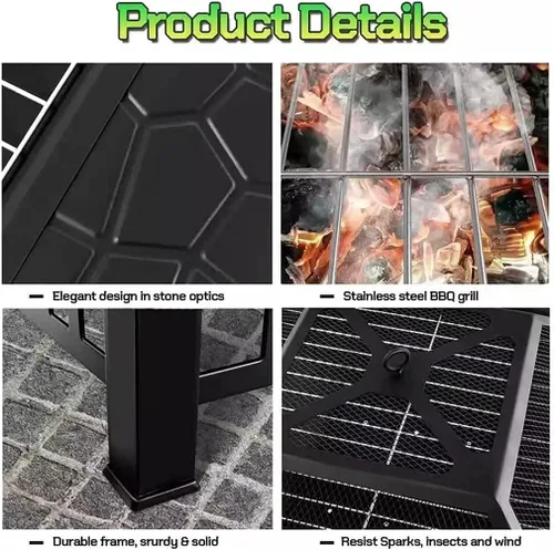 Miniatura 6 de Mesa para hoguera de 32 pulgadas para exteriores, hoguera de leña con cubierta impermeable, pantalla de chispas y parrilla, parrilla cuadrada
