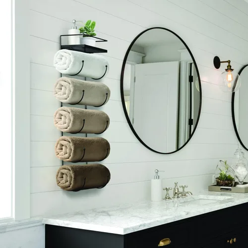 Miniatura 5 de Sorbus Toallero de baño – Toallero de metal de 5 niveles con estante de madera para toallas de baño enrolladas, toallas de baño, ropa de cama