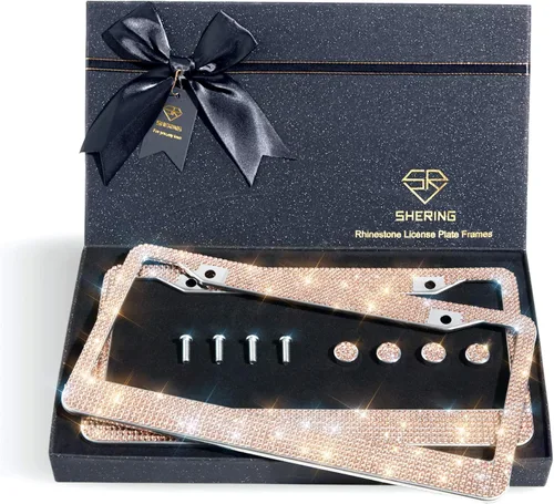 Miniatura 4 de Shering Marco de matrícula brillante, paquete de 2 marcos de matrícula con caja de regalo de primera calidad para mujeres, marcos de matrícula