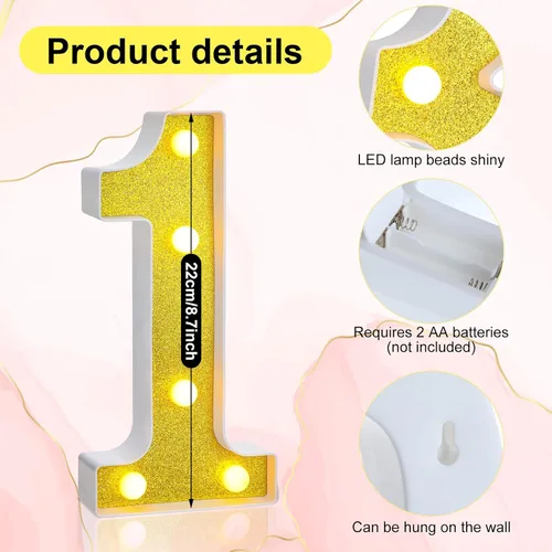 Miniatura 3 de Treela Números LED de 22 cm de cumpleaños decorativos iluminados, letrero de números de marquesina de purpurina para decoraciones de fiesta
