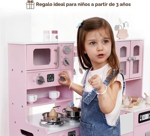 Miniatura 2 de Cocina de madera para niños pequeños y niños con luces y sonidos, gran juego interactivo con máquina de hielo, estufa, fregadero, horno, 12