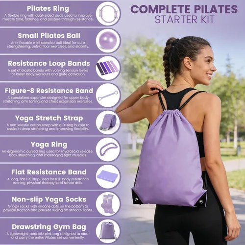 Miniatura 2 de Kit esencial de anillo de pilates para mujer, equipo de entrenamiento en casa con pelota de 9.8 pulgadas, bandas de resistencia, círculo mágico